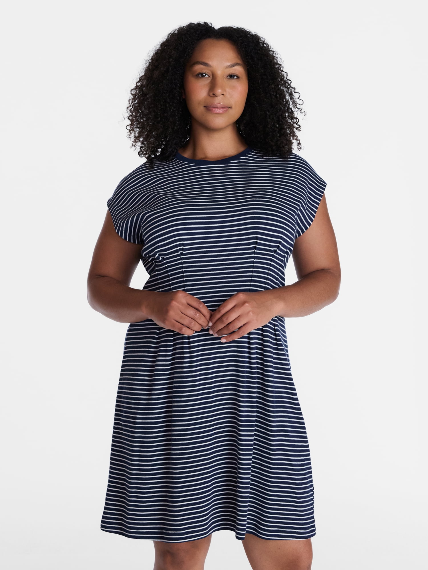 Time and Tru Women's Pleated Waist Cotton Mini Dress, Sizes XS-XXXL