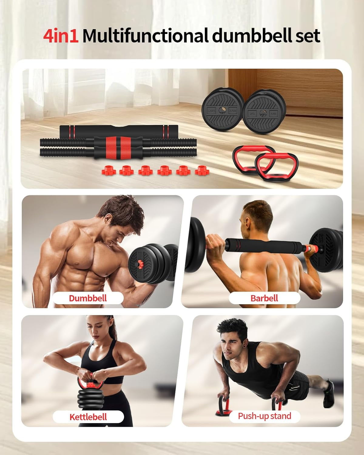 Adjustable Dumbbells Set 30lbs with Connector Barbell Kettlebell Push- Stand Home Gym Fitness Equipment for Men Women
