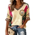 thumbnail image 2 of Mexico 2026 Soccer Cup Fan Jersey for Women, V-Neck Short Sleeve T-Shirt with Vintage Floral & Soccer Graphic Print, Breathable Casual Sports Tee Pullover Top, 1 PC Beige L, 2 of 5