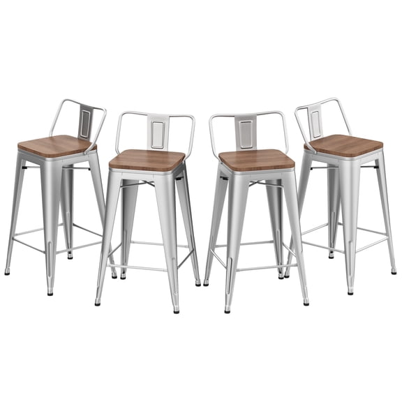 Apeaka Bar Stools Set of 4 Bar Height Metal Barstools with Wood Seat Low Back Kitchen Bar Chairs