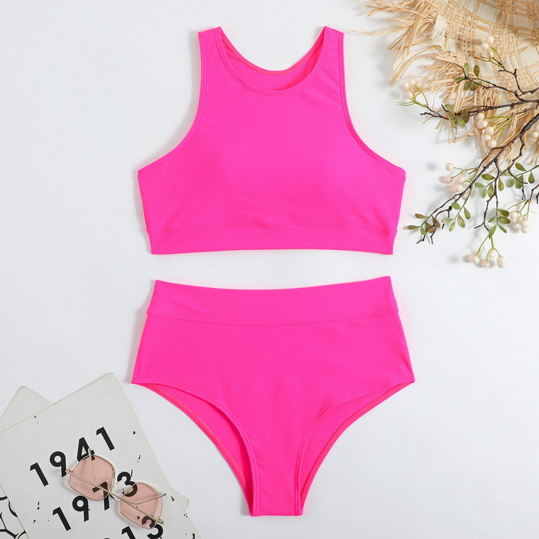 RQYYD Clearance Women Athletic Two Piece Swimsuits Sports High Waisted  Bathing Suit Crop Tops Bikini Set Tummy Control Tankini(Hot Pink,S) 