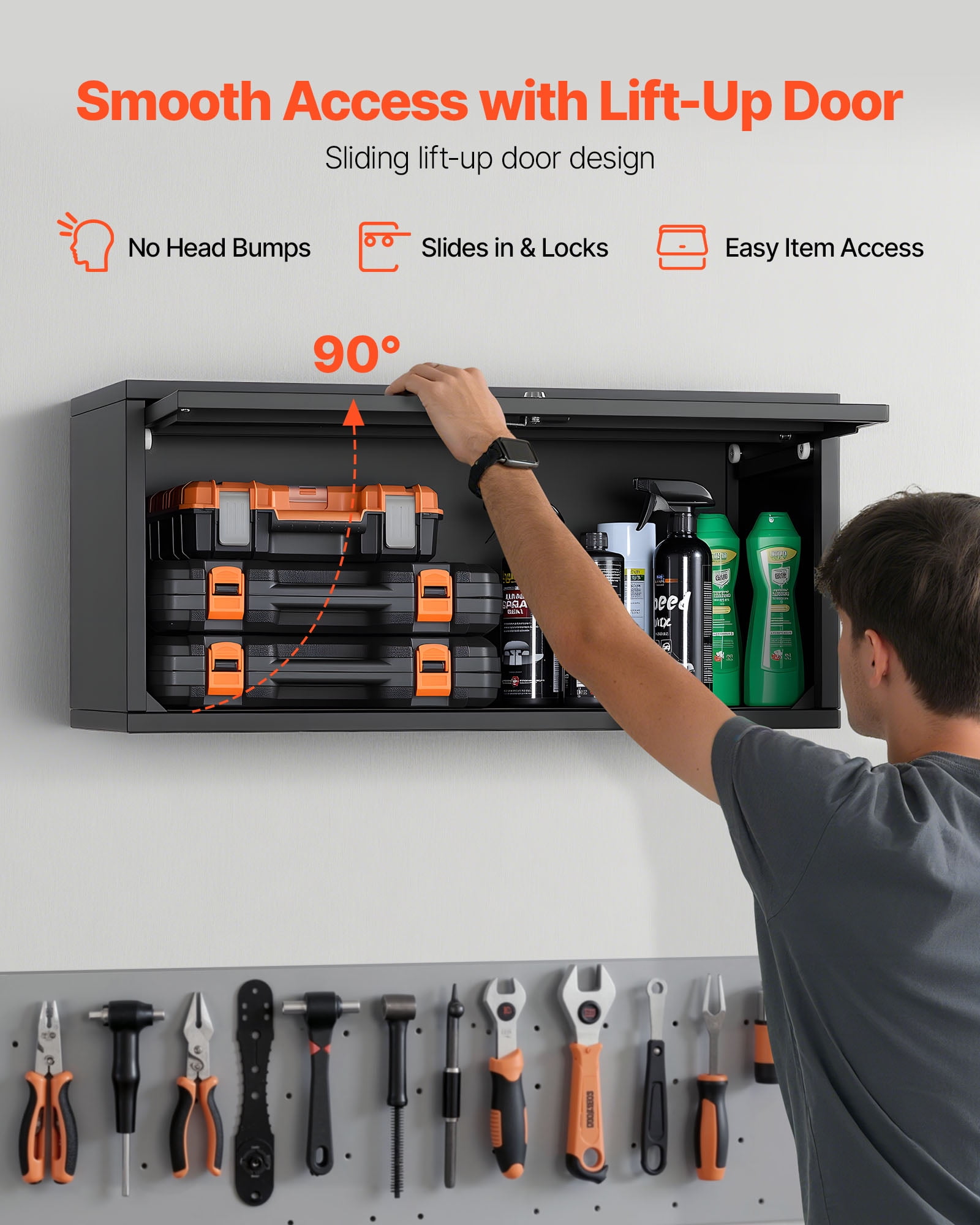 VEVOR Metal Wall Cabinet, 27.56W x 12.01D x 14.02H Inch, Floating Garage Tool Cabinet with Up-Flip Door, 120 lbs Load per Shelf, Fit for Garage, Basement, Kitchen, Warehouse, Assembly Required