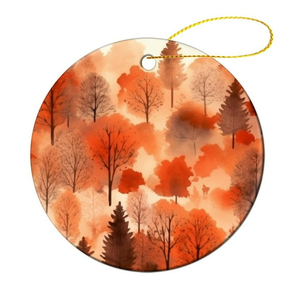 Christmas Ornament Burnt Orange Watercolor Forest Customized Round Ceramic Ornament Fall Rustic Nature Themed Forest Xmas Tree Decoration Merry Xmas for Family & Friends