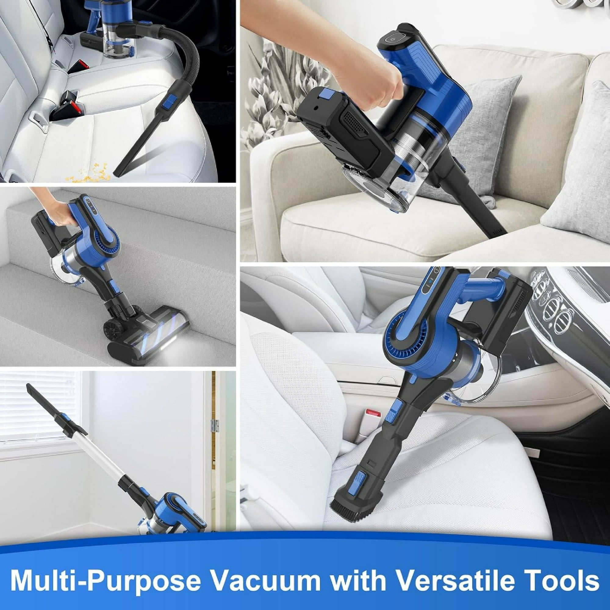 Cordless Vacuum Cleaner,30Kpa 60min Runtime Lightweight Stick Vacuum,8 in1 Self-Standing,Rechargeable Vacuum Cleaners for Pet Hair,Carpet,Hardwood Floor V870(Blue)