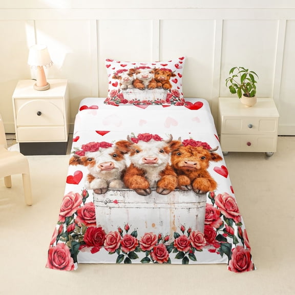 Erosebridal Red Flowers Blossom Twin Sheet Sets,Cute Farm Highland Cow Bedding For Men Women 3 Pieces
