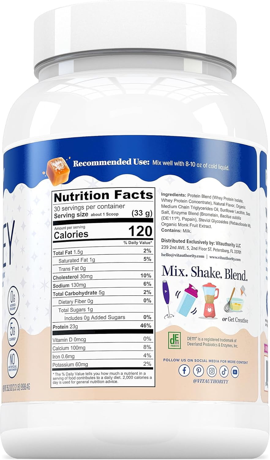 Vitauthority Vita Whey Protein Powder for Women with Probiotics and Enzymes, Salted Caramel, 35.2 oz, 30 Servings