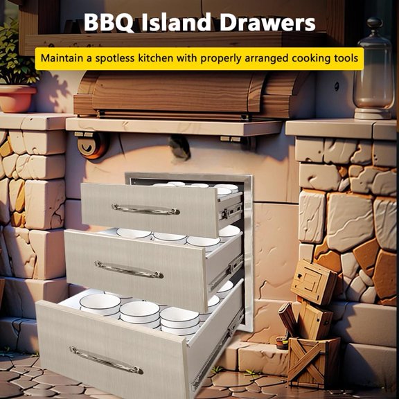 Outdoor Kitchen Single Drawers 30"Wx23"Dx10"H Stainless Steel Flush Mount BBQ Single Drawer with Chrome Handle for Outdoor Kitchen Island or Patio Grill Station