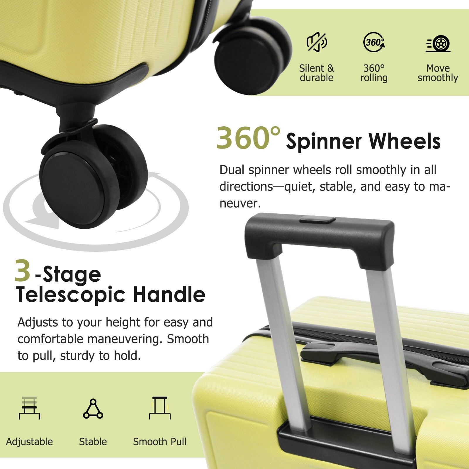 Euroco Luggage Set 3 Piece, ABS Hardside Suitcase with Spinner Wheels,TSA Lock and 2 Side Hooks,Lightweight Durable Travel Suitcase Set(20"/24"/28"),Tea Green