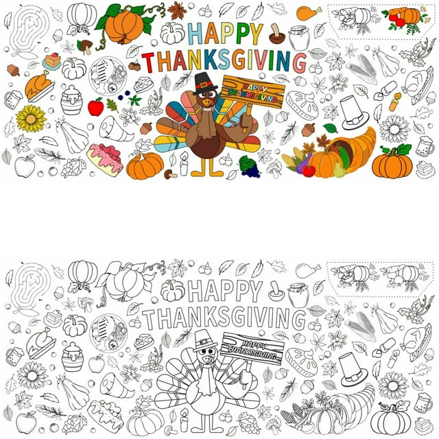 Thanksgiving Interactive Coloring Tablecloth & Backdrop – 71.65x30.71 Inch Turkey/Pumpkin/Autumn Motif Paper Cover with Waterproof Coating, Oversized 6-8 Person Dining Table Art Activity, Reusable