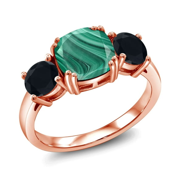 Gem Stone King 18K Rose Gold Plated Silver Green Malachite and Black Onyx 3 Stone Engagement Ring for Women (3.95 Cttw, Gemstone, Cushion 8MM, Size 5)