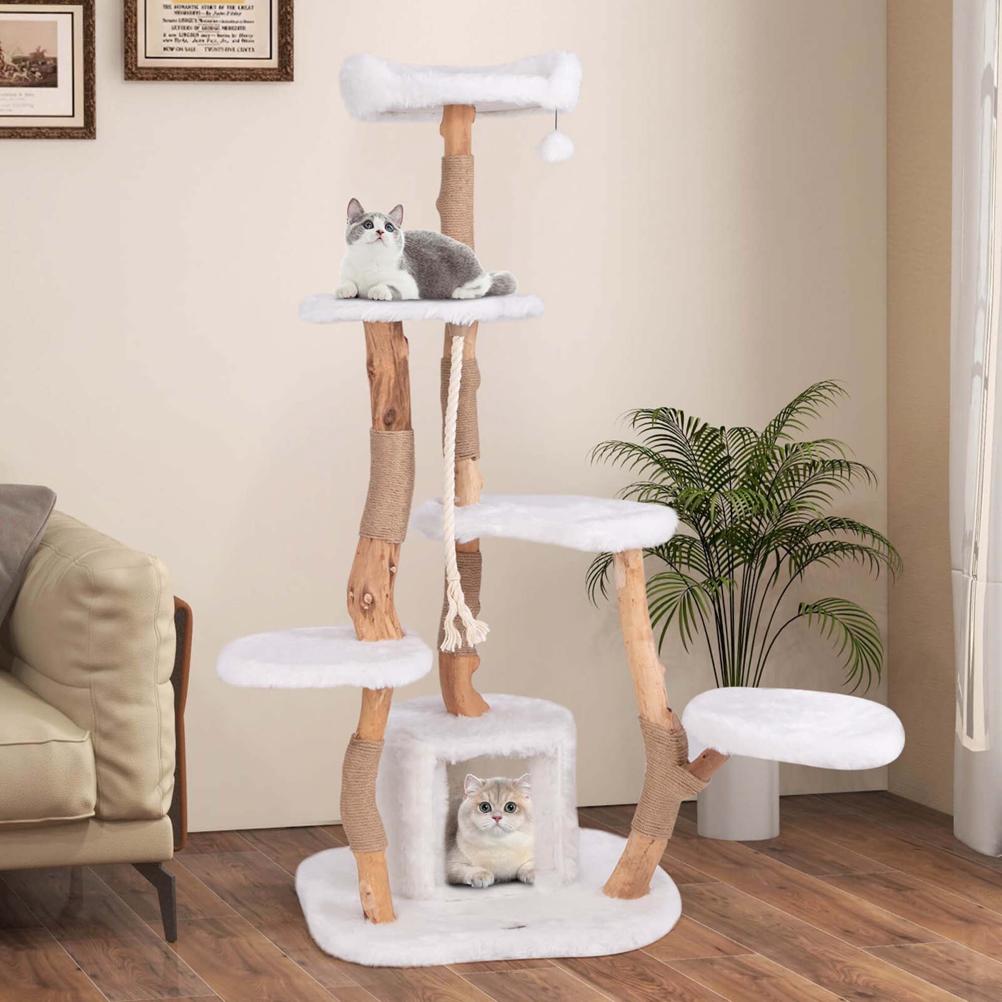Costway 66" Tall Solid Wood Cat Tree with Perch Condo Jute Scratching Posts Sisal Rope