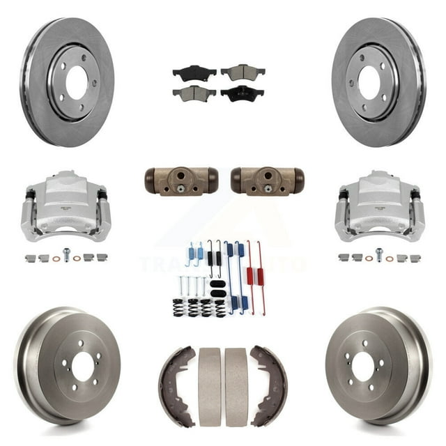 Transit Auto Front Rear Disc Brake Caliper Rotors Drum Semi-Metallic Pads Shoe Wheel Cylinder and Hardware Kit (11Pc) for Car 2004 Dodge Caravan rear brakes with Non-ABS From 12 01 03 KC8-100877S