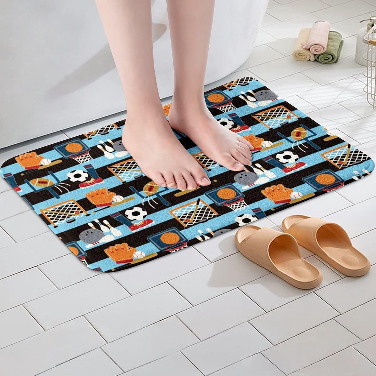 Ball Sports Theme Microfiber Bathroom Rugs 3D Ball Games Non Slip Bath Mat Stripe Competitive Games Shaggy Absorbent Floor Mat for Bedroom Decor Bathroom Floor Indoor Doormat 20"x32"