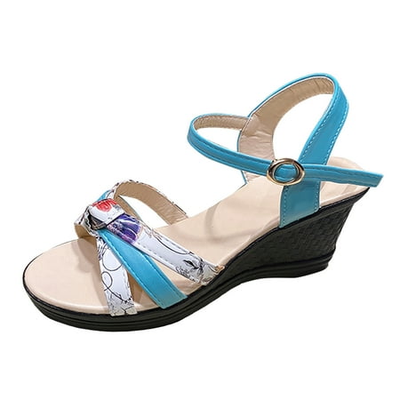 

MIASHUI Womens Sandals Shoes Multicolour Printed Outwear Beach Soft Leather Large Size Buckle Slope Heel Sandals Casual Summer Shoes Blue 8