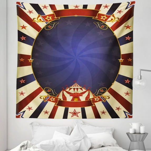 Vintage Tapestry, Circus Theme Retro Carnival Tent Ribbon Poster Like Image Illustration, Fabric Wall Hanging Decor for Bedroom Living Room Dorm, 5 Sizes, Pale Yellow Navy Blue, by Ambesonne