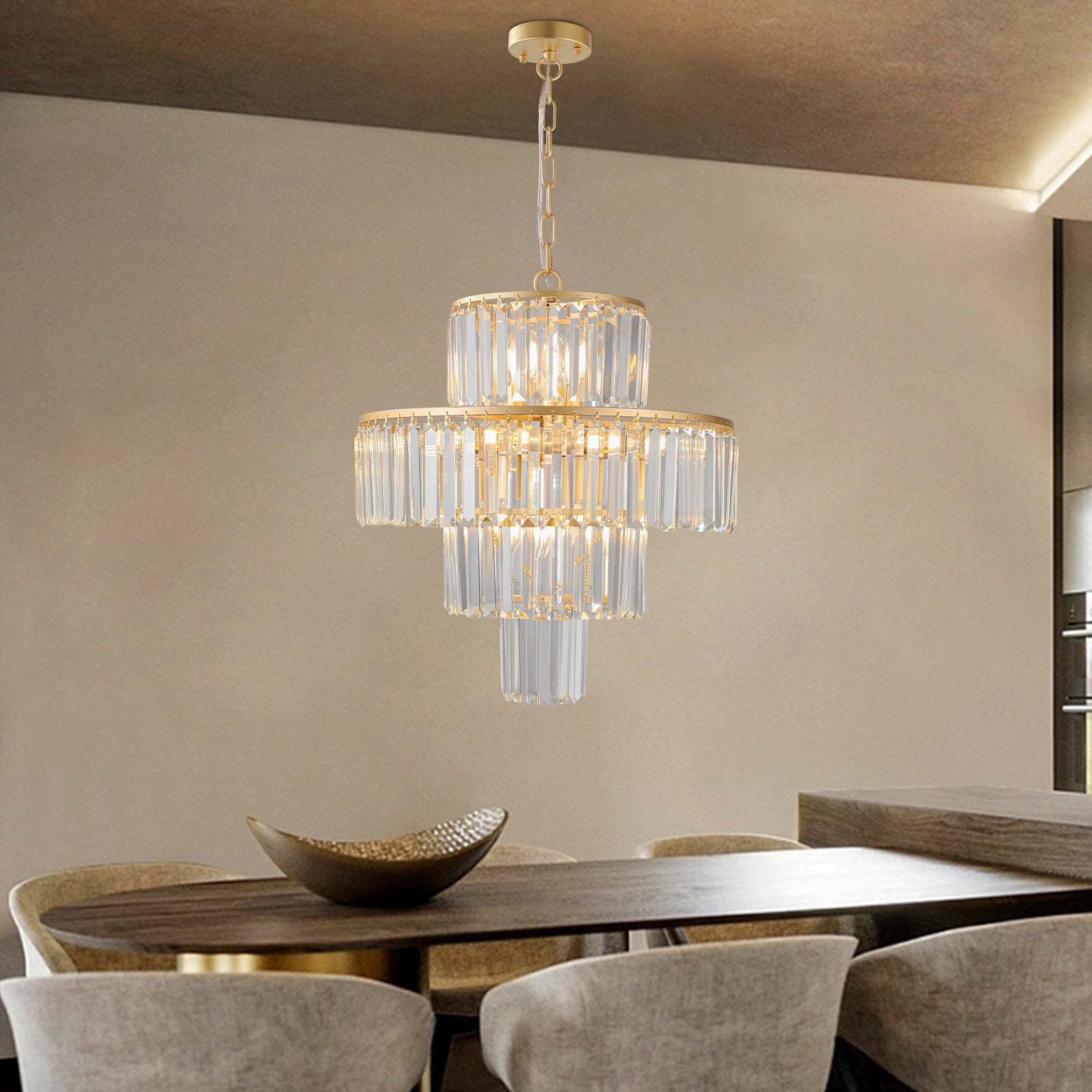 Gold Crystal Chandelier, 12-Light 4 Tiers 19.7" Crystal Light, Adjustable Hanging Metal Ceiling Lighting Fixture, Modern Foyer Dining Room Chandeliers for Bedroom,Hallway,Kitchen
