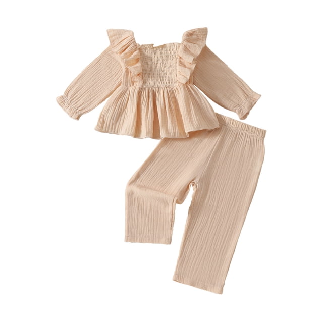 Odeerbi 6M-5Y Niñas Algodón Conjuntos Ruffle Manga Larga Tops Pantalones Dos Piezas