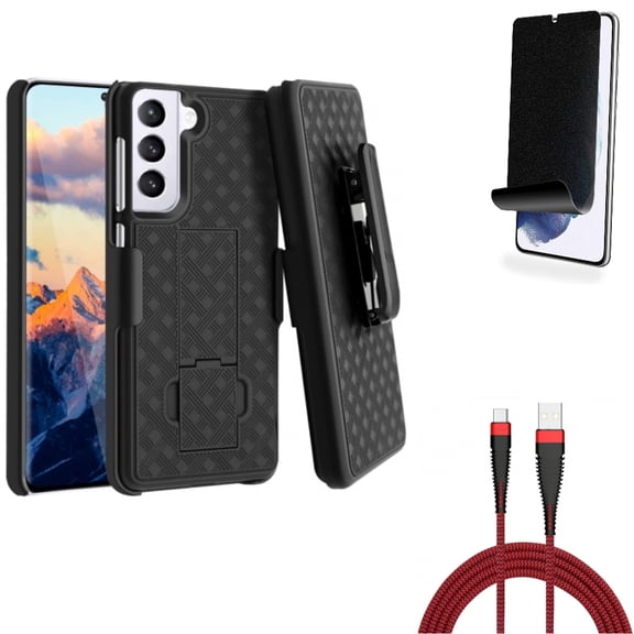 For Samsung Galaxy S21 (6.2") - Charger Cord Type-C 10ft USB Cable   Swivel Holster Case Belt Clip   [Fingerprint Works] TPU Film Privacy Screen Protector
