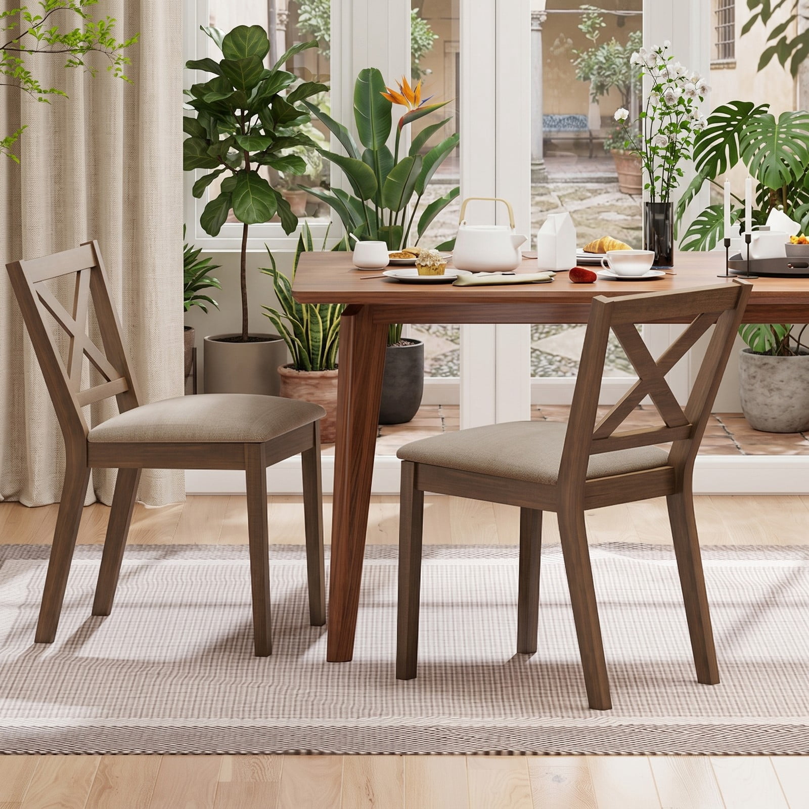 Furnibear Dining Chair Set of 2, Modern Farmhouse Kitchen Chairs with Upholstered Linen Seat, X-Shaped Backrest and Rubber Wood Legs, 400 lb Capacity Side, Brown