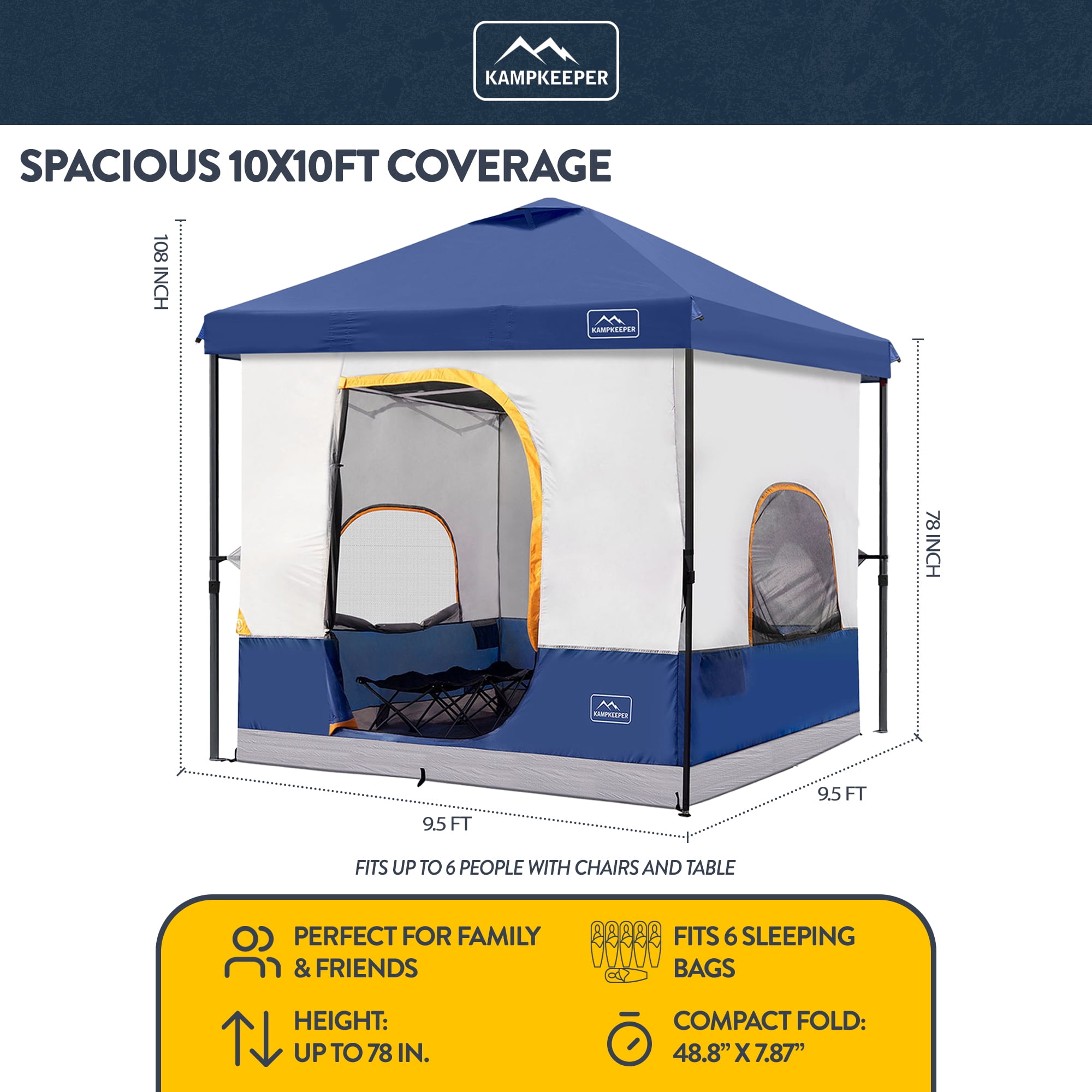 KAMPKEEPER 10x10 Instant Pop Up Canopy with Camping Inner Tent, Fits 6 Person, Navy Blue
