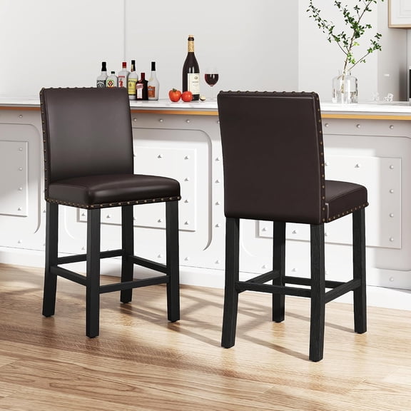 24 inch Bar Stools Set of 2, Counter Height Bar Stools with Backs, Nail Head Barstools with Wood Legs, Upholstered PU Leather Kitchen Island Chairs, Dark Brown