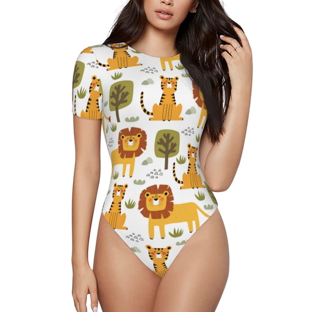 Balery Tiger Lion Body de cuello redondo de manga corta para mujer Tops de manga corta Tops básicos-X-Large