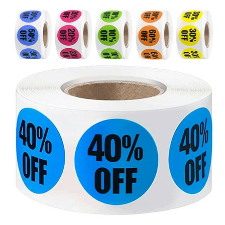 6 Rolls Sale Stickers 10 To 60 percent Off Adhesive Labels Circle Prices Marker Tags For Retail Store 1 Inch Multicolored Discounts Stickers 3000pcs