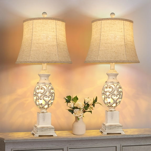 Set of two 28-inch tall table lamps with night light function, rustic bedside lamps with linen shades for bedrooms, living rooms and side tables.