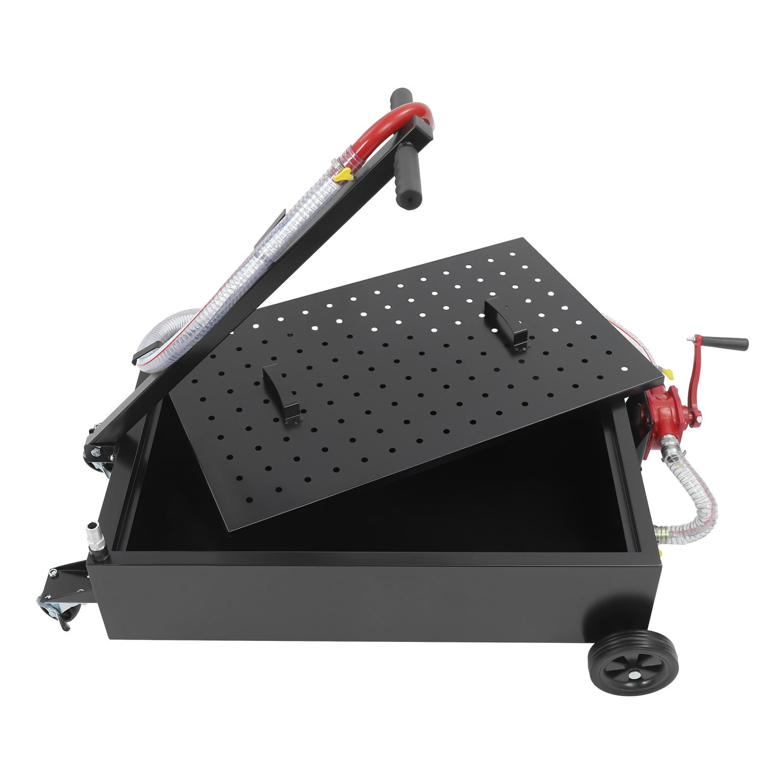 15Gal Oil Drain Pan with Manual Rotary Pump, 7.2ft Hose & Wheels, Heavy-Duty Steel Fluid Collection Tank for Automotive Industrial Workshop