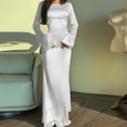 thumbnail image 6 of Maxi Dresses for Women Elegant Classy Fall Long Bell Sleeve Ruched Bodycon Fitted Cocktail Party Slit Dress White S, 6 of 8