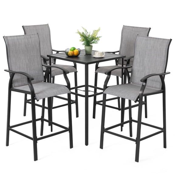 Nuu Garden 5-Piece Outdoor Bar Set, Bar Height Patio Bistro Set, 4 Textilene Height Back Bar Stools with Footrest and 1 High Top Table with Umbrella Hole, Black and Gray