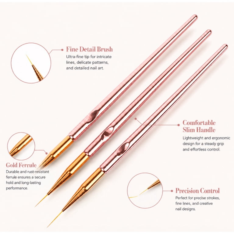3 Piece Nail Art Brush Set, Liner Pens and Striping Brushes for
