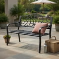 thumbnail image 3 of GVN Outdoor Bench, Outdoor Garden Bench,50 Inches Outdoor Garden Bench with Floral Design Backrest and Slatted Seat-Black, 3 of 8