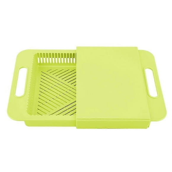 Retractable Plastic Cutting Chopping Board with Vegetable Drain Basket for Kitchen Olive Green s