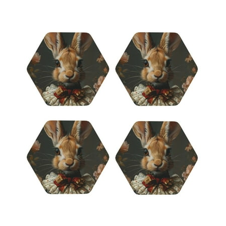 

Fuzoiu Palatial Style Flower Rabbit Print Leather Coasters Set Drink Coasters Set of 4 for Tabletop Protection Durable PVC Coasters Home Décor and Housewarming Gift-Hexagon