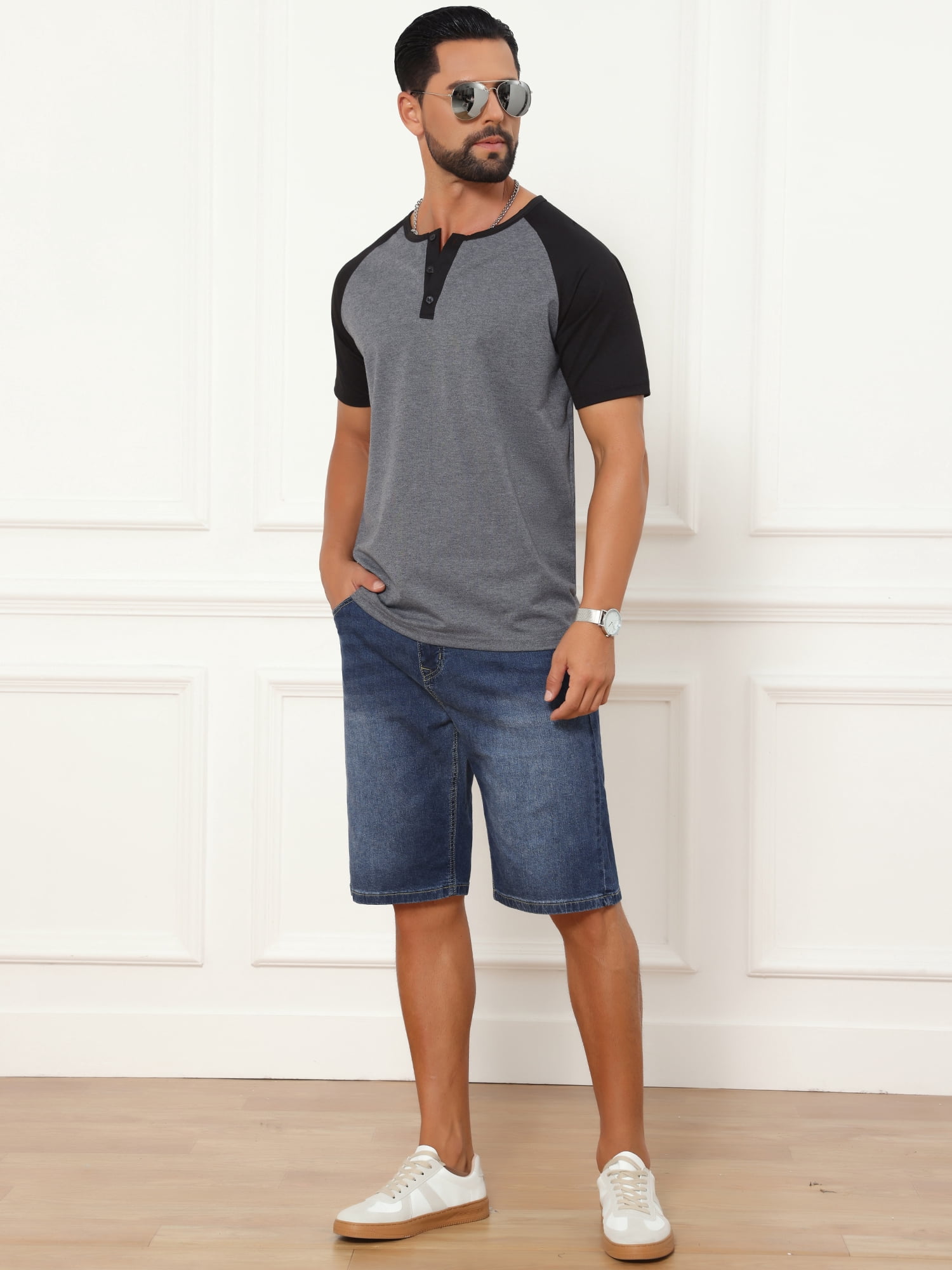 DARING DIVA Men's Henley Button Down Color Block Short Sleeve T-Shirt M Dark Gray