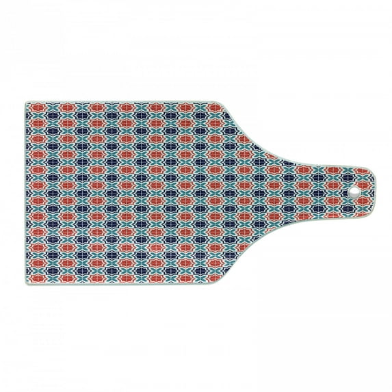 Moroccan Cutting Board, Vibrant Geometric Mosaic of Tiles with Star Motifs, Decorative Tempered Glass Cutting and Serving Board, Wine Bottle Shape, Navy Blue Scarlet, by Ambesonne