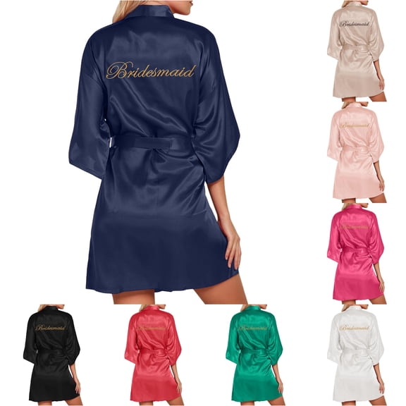 Shachafan Women's Wedding Party Robe Letters Kimono Satin Pyjamas Bridesmaid Bathrobe plus Size Long Kimonos for Women
