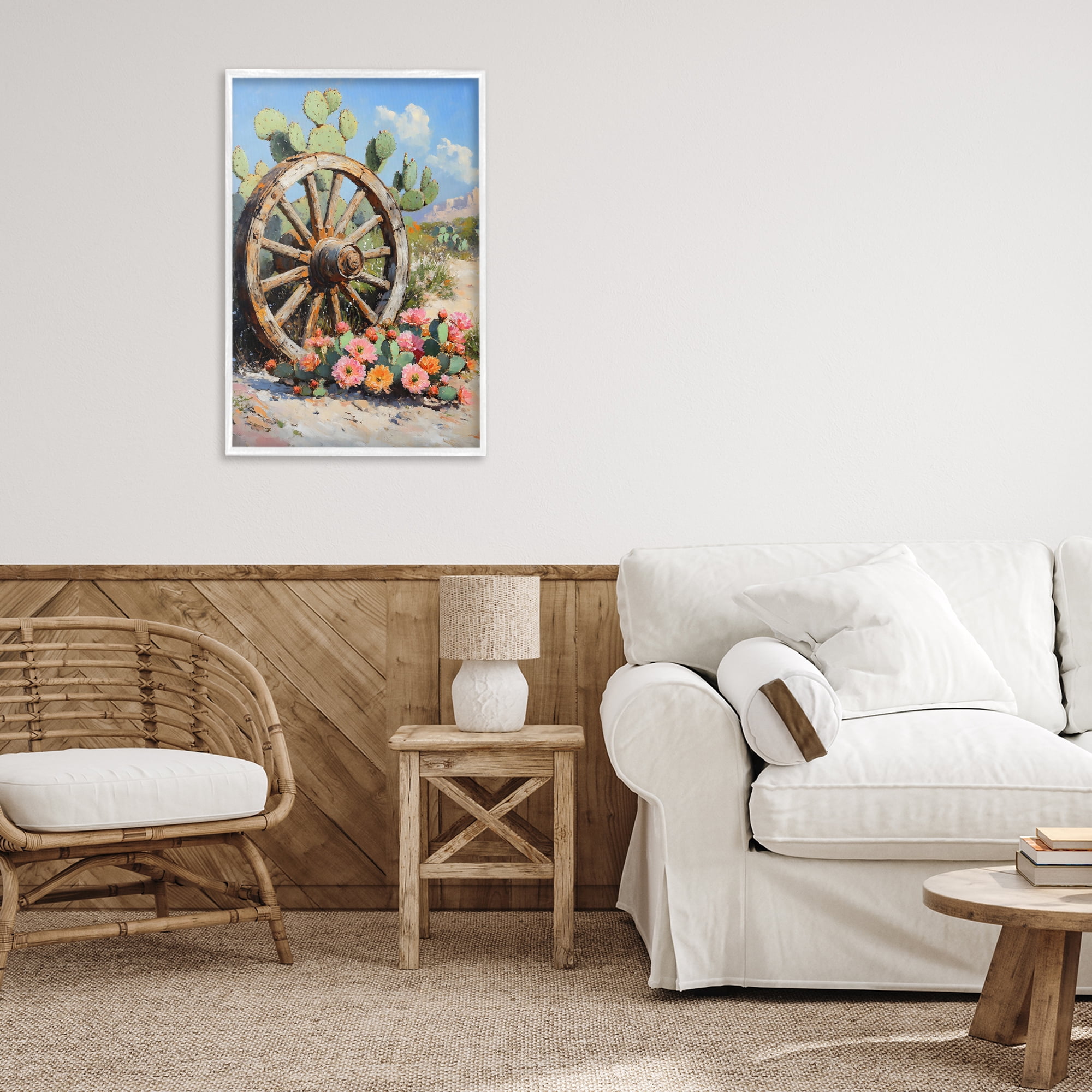 Stupell Industries Wagon Wheel Among Cactus White Framed Giclee Art, design by Franklyn Gregory