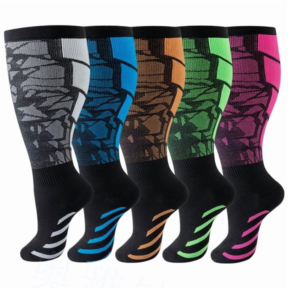 5 Pairs Plus Size Compression Socks for Men & Women Knee-High High Elasticity Leg Support for Running, Outdoor Sports, Nursing Recovery (2XL-4XL)