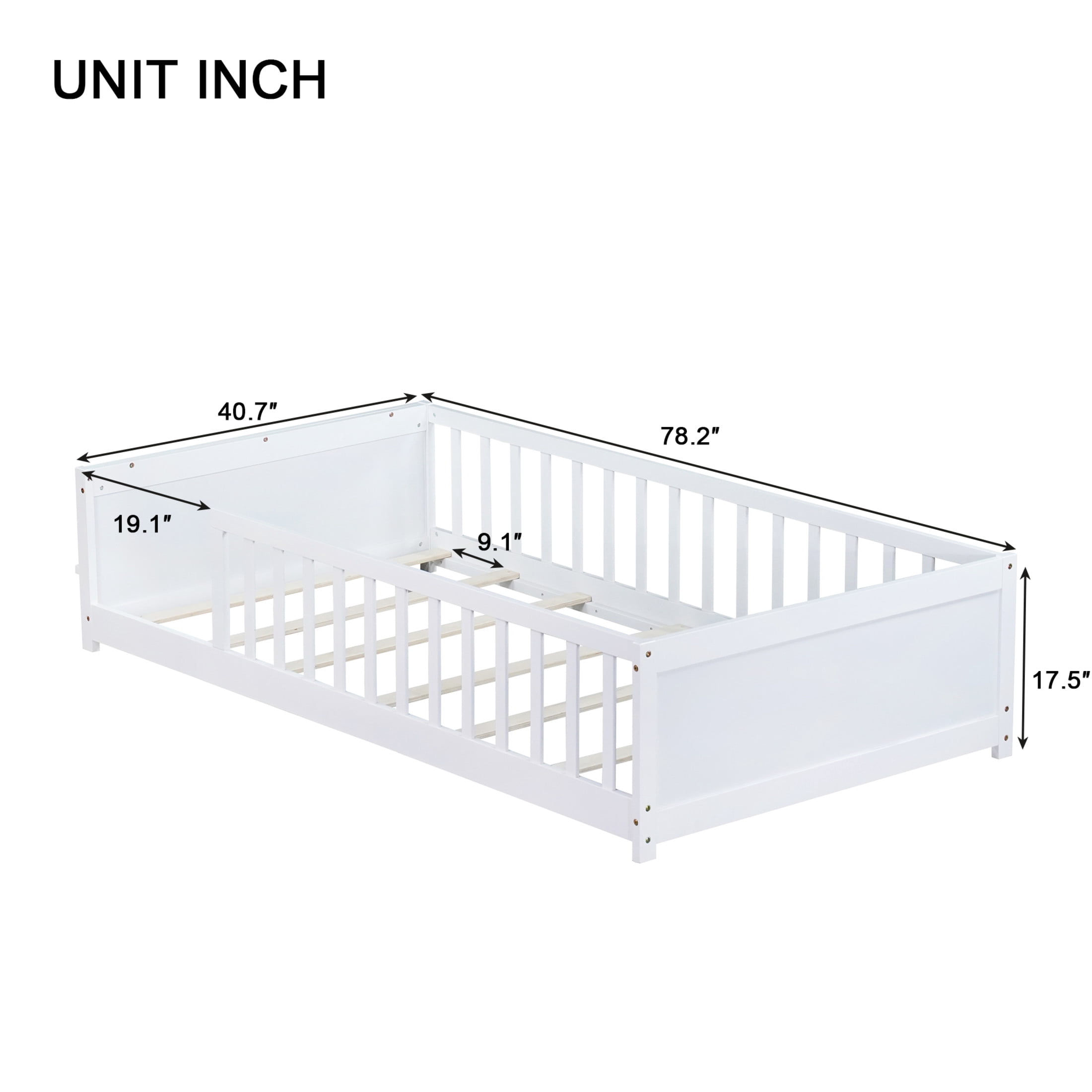 Noble House Devon Twin Floor Bed with Built-in Book Rack, Sturdy Rubber Wood Montessori Bed with Fence, White