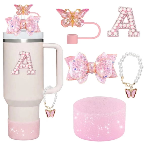 5pcs Tumbler Accessories Set for Stanley 40oz Cup with Handle, Perfect Gift, Pink Coquette Bling Style Water Bottle Decor