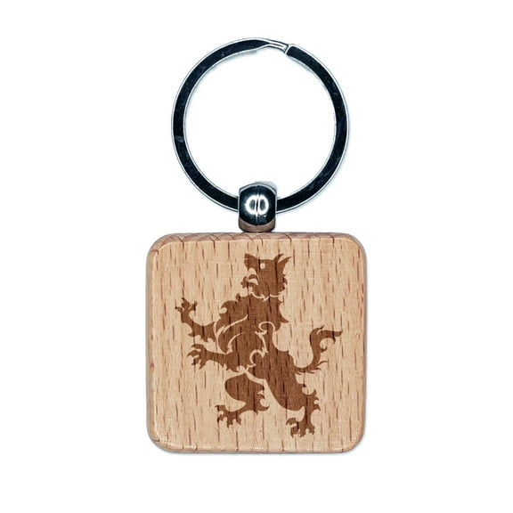 Heraldic Wolf Square Keychain Charm Tag - Engraved Wood