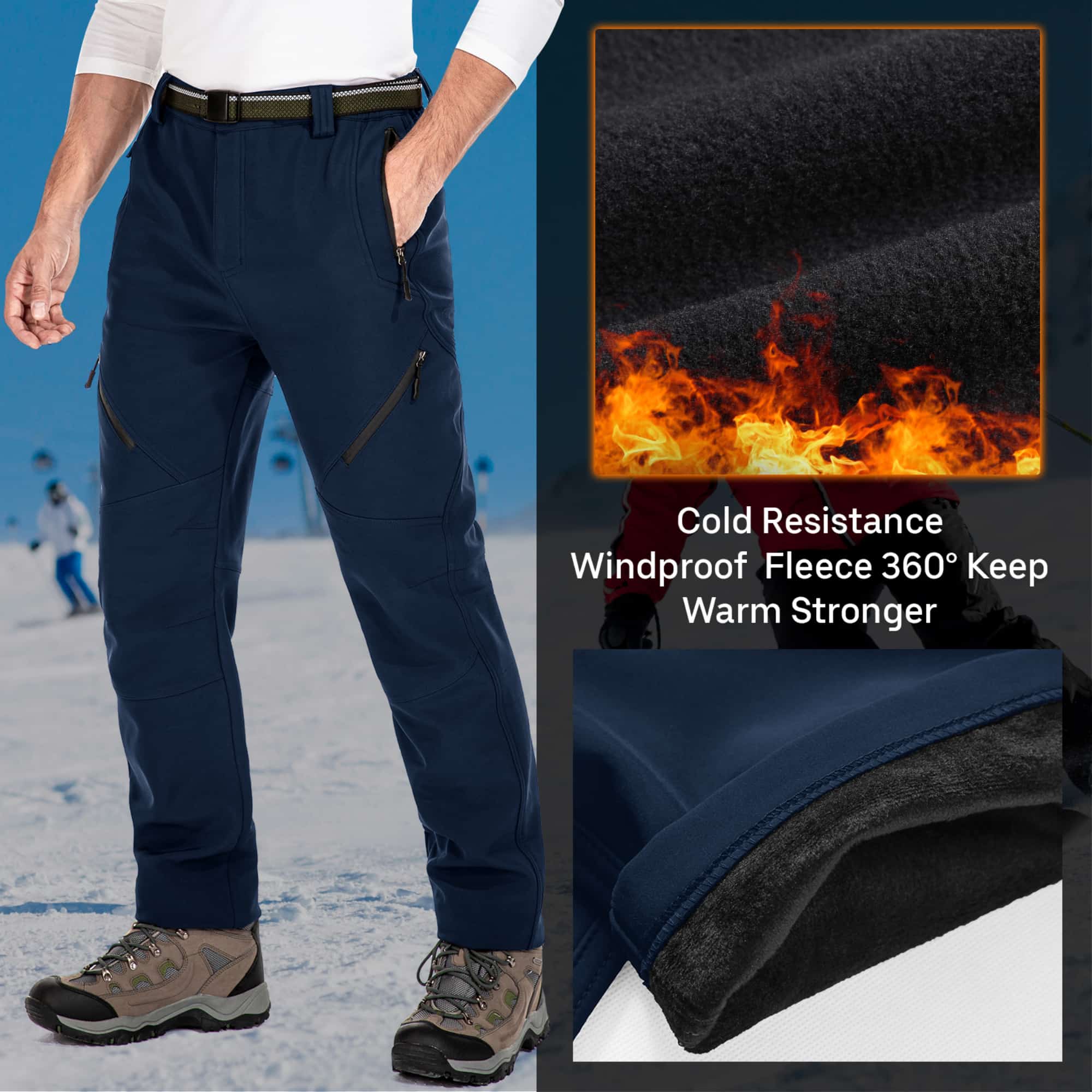 FEN AI Mens Fleece Lined Cargo Hiking Pants Windproof Warm Winter Pants for men Softshell Snow Skiing Trousers with 5 Zipper Pockets