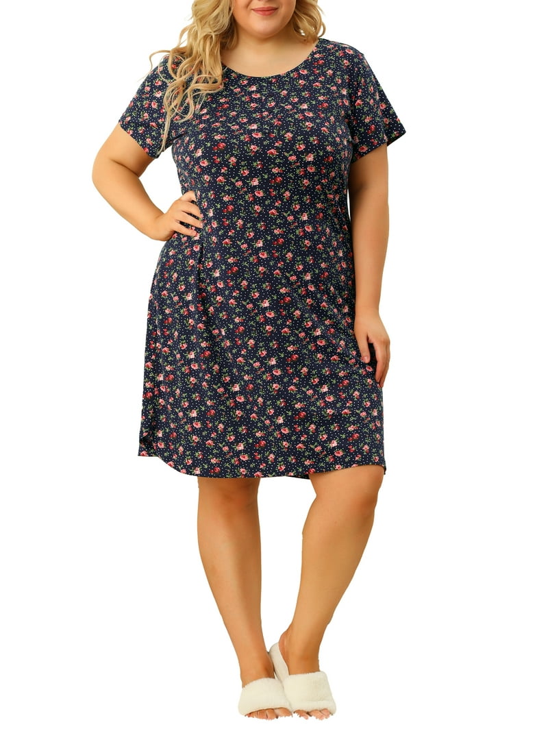 MODA NOVA Junior's Plus Nightgown Stretch Pattern Round Neck Sleep Dress  Navy Blue 2X - Walmart.com