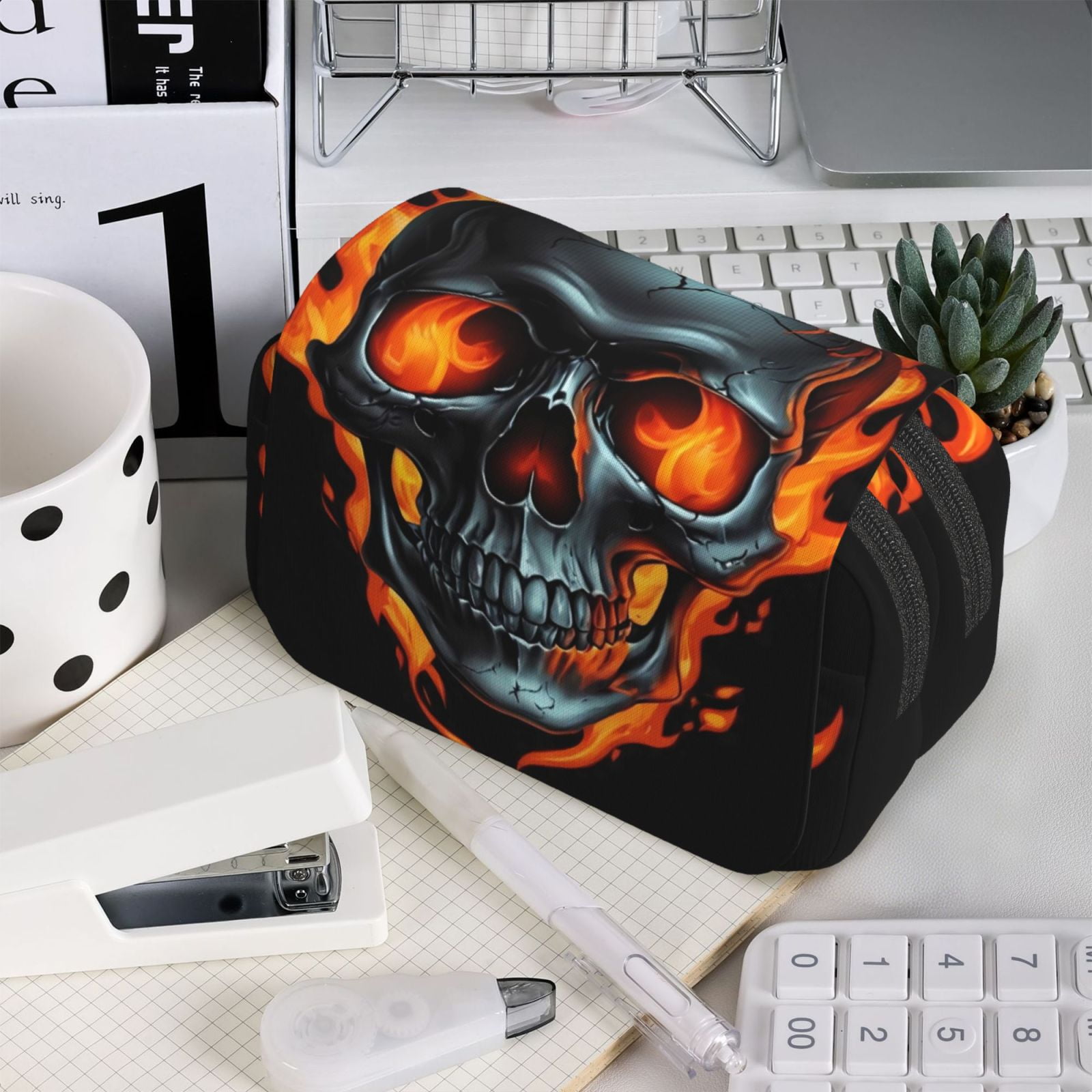 Rateoe Flame Metal Skull Pattern Double Clamshell Pen Case, Storage Organizer with Two Zipper Compartments– Holds Up to 50 Pencils & Pens