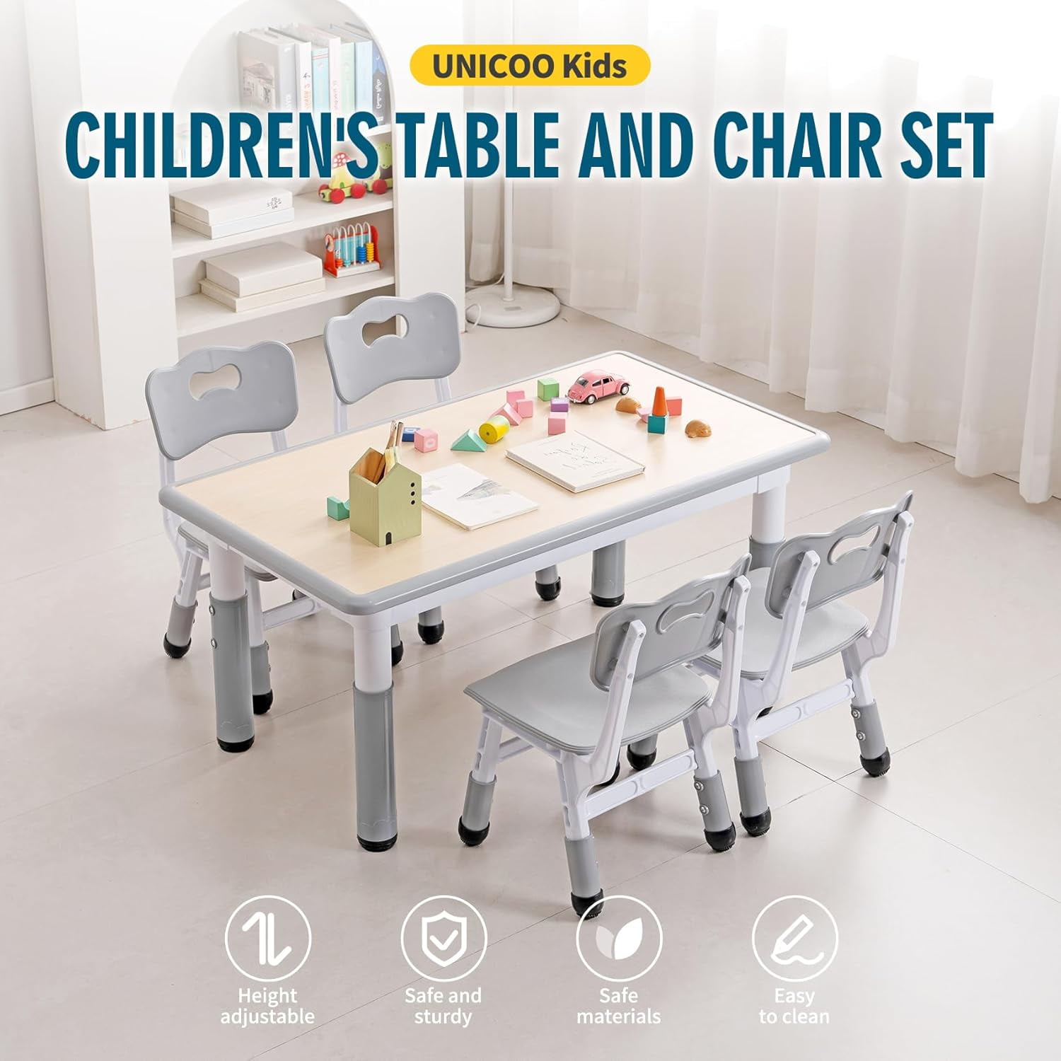 HWong Kids Table and Chairs Set, Height Adjustable Multi-Activity Preschool Table with Graffiti Desktop for Ages 2-8 - Versatile Kids Tables for Play, Learning, and Creativity(Maple Top/Gray Border)