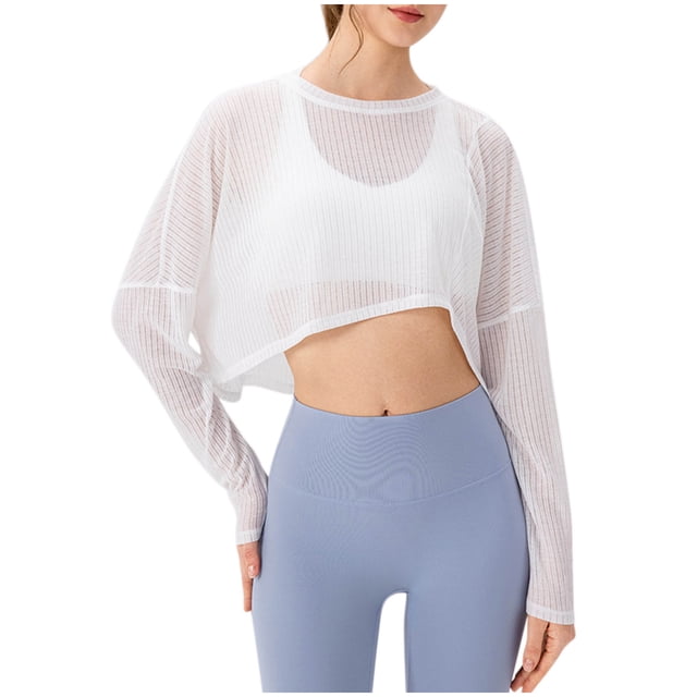 FAIWAD Chandails de Sport pour Femmes à Manches Longues, Col Rond, Courts en Maille, Légers, pour l'Entraînement et le Yoga