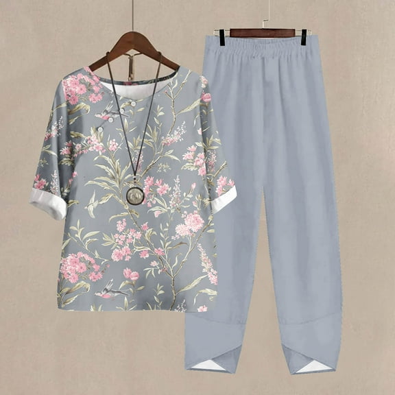 Teissuly Women's Casual Round Neck 5/4 Sleeve Top And Pants Digital Printing Two-piece Set