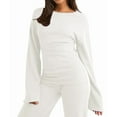 thumbnail image 2 of Women'S Round Neck Flare Sleeve Top and Straight Leg Pants Two Piece Set Casual Loungewear Sporty White S, 2 of 9